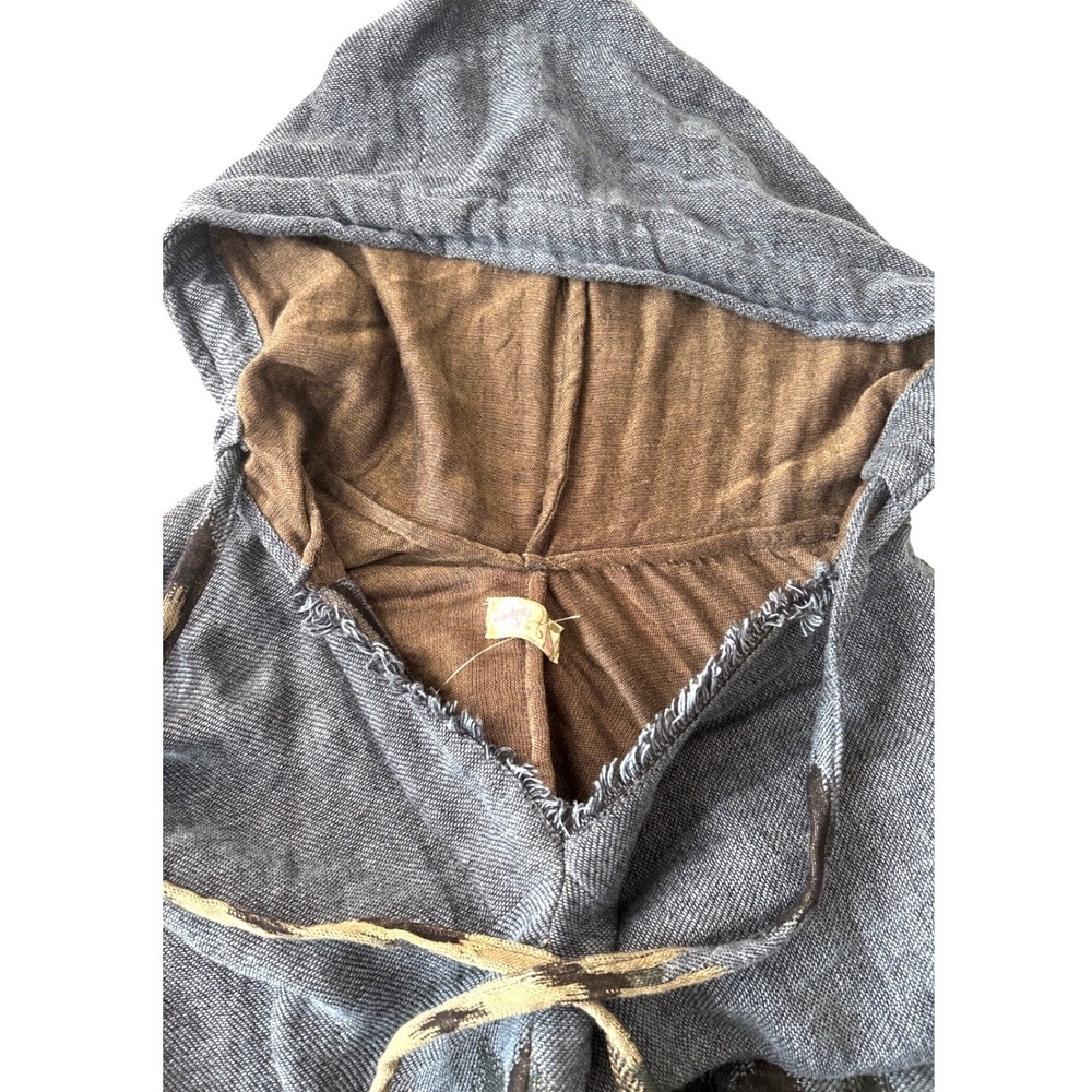 Free People‎ Hooded Poncho Boho Fringe Ikat Print Oversized Blue Tan One Size - Picture 2 of 4